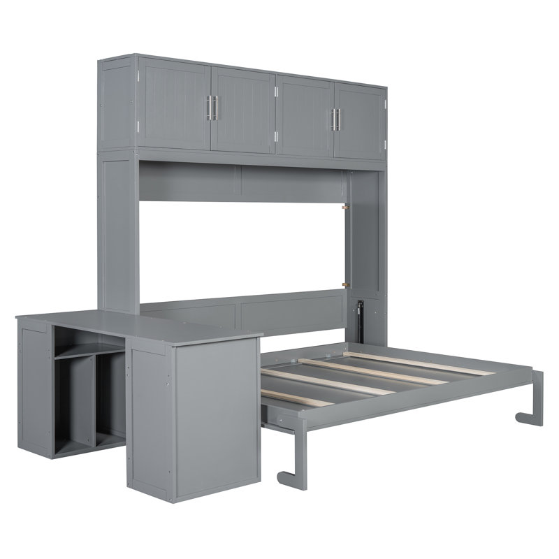 Grand lit escamotable mural avec bureau, tablettes de rangement et grandes armoires, Gris
