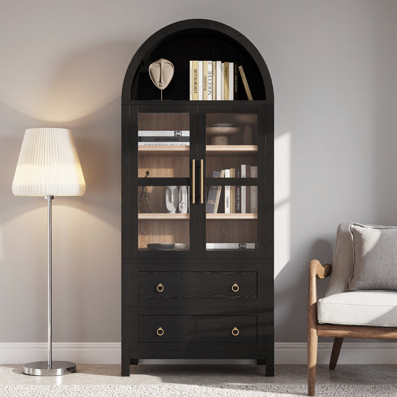 71" Tall Arched Kitchen Pantry Cabinet with 2 Large Drawers, Modern Farmhouse Storage Cabinet with Glass Doors & Adjustable Shelves