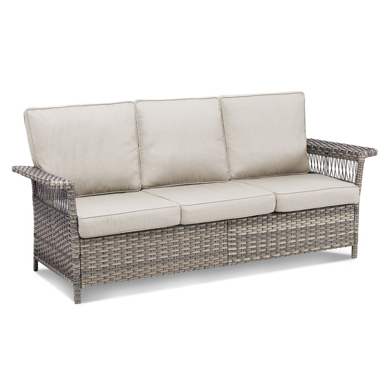 Anferney 79" Wide Patio Wicker Outdoor Sofa with Cushions with Cushions, Beige, Gray