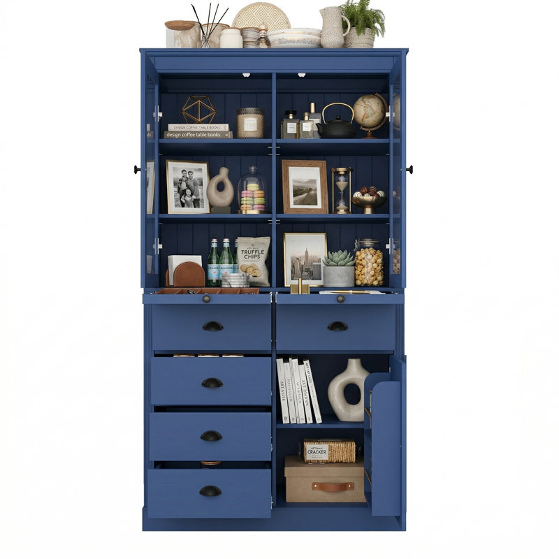 Armoire de cuisine 72 po H, armoire à café moderne avec plateaux de service, Navy