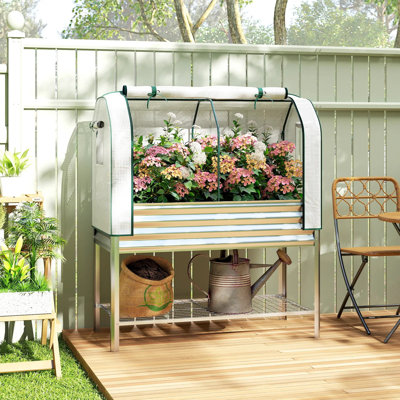 Lit de jardin surélevé surélevé avec couverture de serre en PE, structure en métal galvanisé avec tablette de rangement et évents