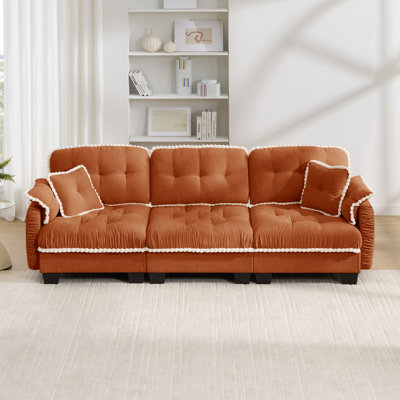 Chenille Cloud 3-Seater Sofa with 4 Pillows, Pom-Pom Trim Quilted Tufted Cushion Ergonomic Design, Easy Assembly Deep Seat Couch for Living Room Office, Apartment, Orange