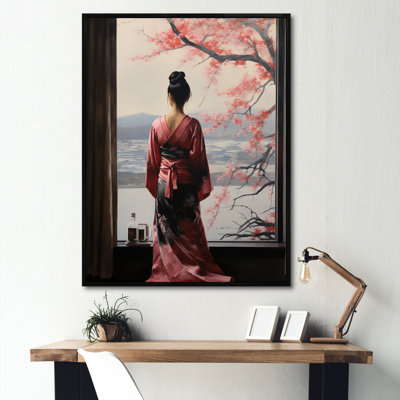 Arbre rose, femme japonaise vue de fenêtre I - Japon, art mural