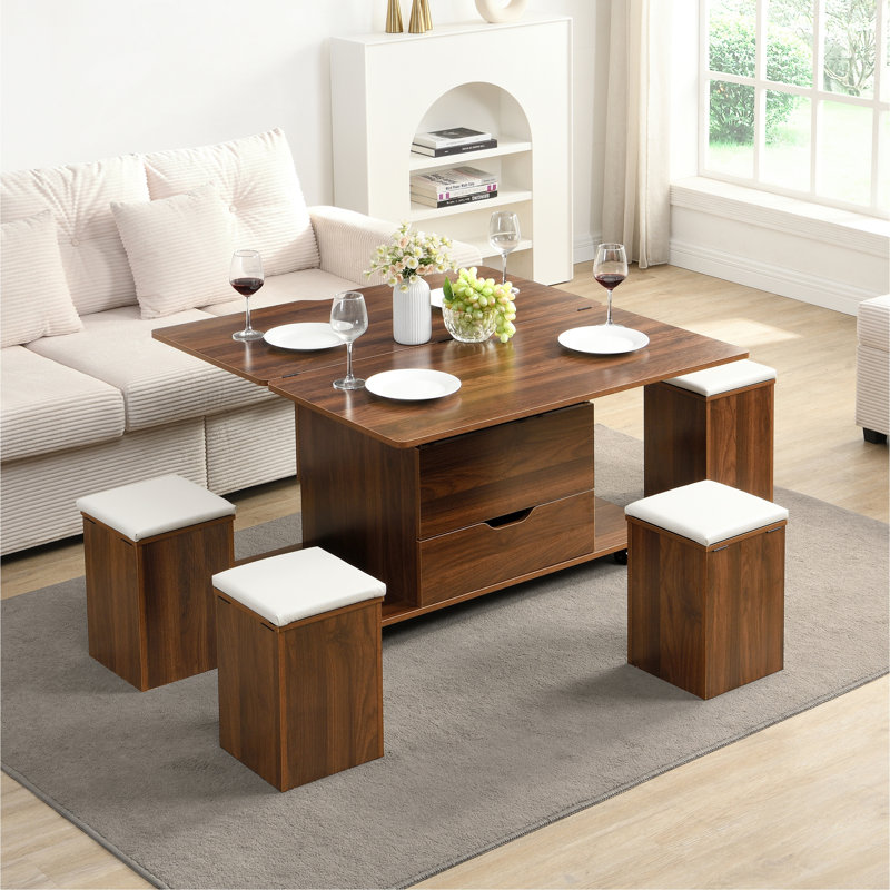 Table basse multifonctionnelle à plateau relevable avec rangement et tabourets cachés, Blanc, Noyer