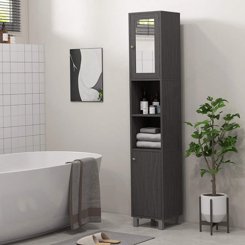 Armoire de rangement pour salle de bain avec miroir, armoire autoportante en bois avec tablettes réglables, Gris