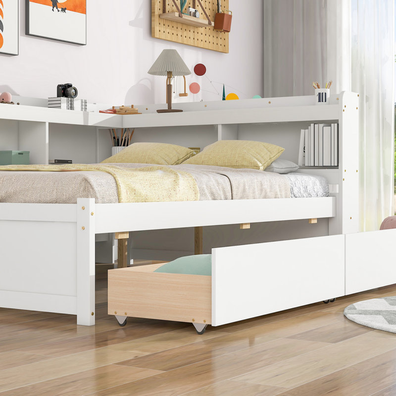 Lit double avec bibliothèques en forme de L et agencement soigné en blanc - Tiroirs de précision pour chambre à coucher, Modern Essential