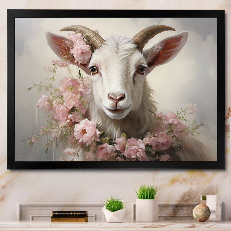 Chèvre blanche avec coller floral rose - art mural animal de chèvre, Cadre d'angle fermé noir, H 16 po x l 32 po x P 1 po