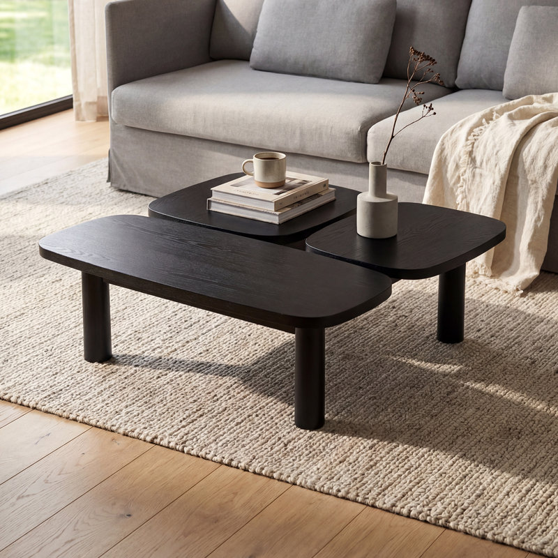 42" Modern Wood Modular Coffee Table With Solid Wood Legs, Ash Veneer Top, Living Room Center Table, Black