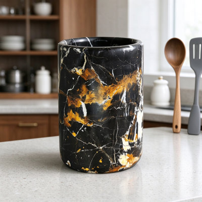 Handmade Natural Marble Utensil Holder for Kitchen Countertop and Tabletop Organization, Multipurpose Organizer for Pantry, Bathroom, Office Desk, Flower Vase and Centerpiece, Black and Gold