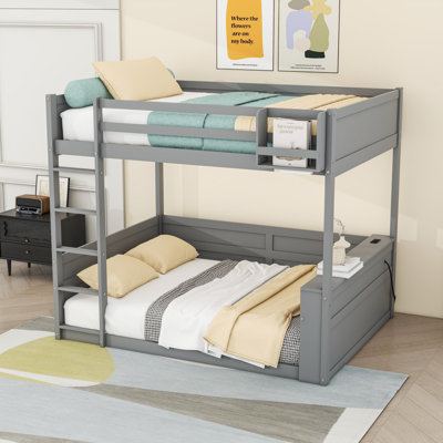 Lit superposé grand en bois avec tablettes intégrées, boîte de rangement, lumière DEL et ports USB