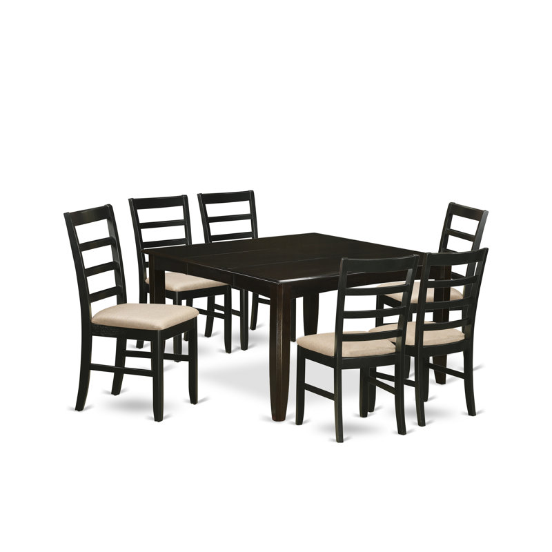 7 Piece Modern Dining Table Set Consist of a Square Wooden Table with Butterfly Leaf and 6 Linen Fabric Dining Room Chairs, Cappuccino
