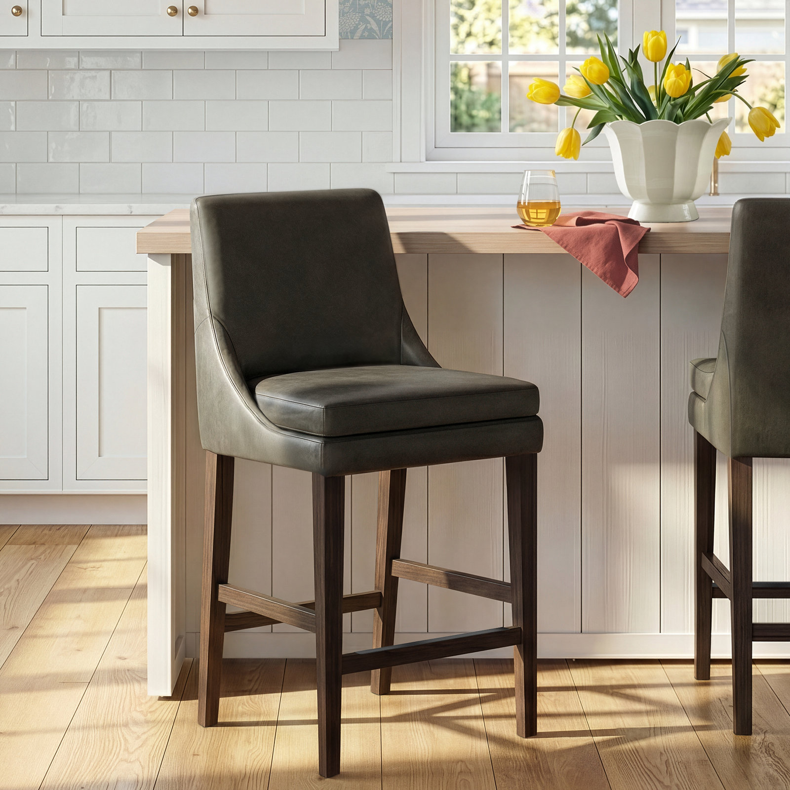 Niara Upholstered Leather Counter & Bar Stool, Copley Slate Faux Leather/Brown, Counter Stool (26” Seat Height)