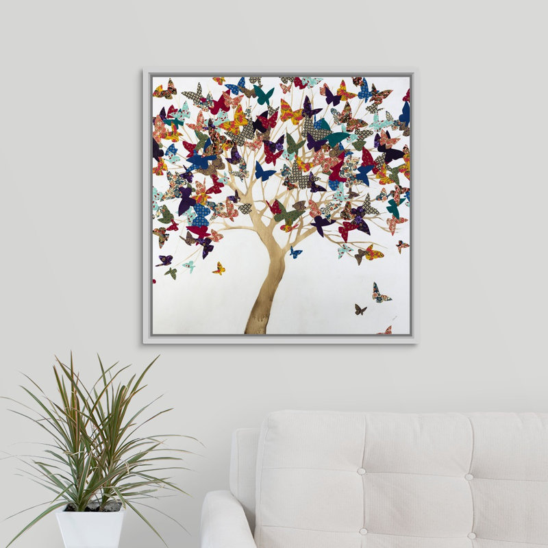 «A Butterflys Journey» par Sydney Edmunds - peinture sur toile, H 25,7 po x l 25,7 po x P 1,75 po, Cadre flottant blanc