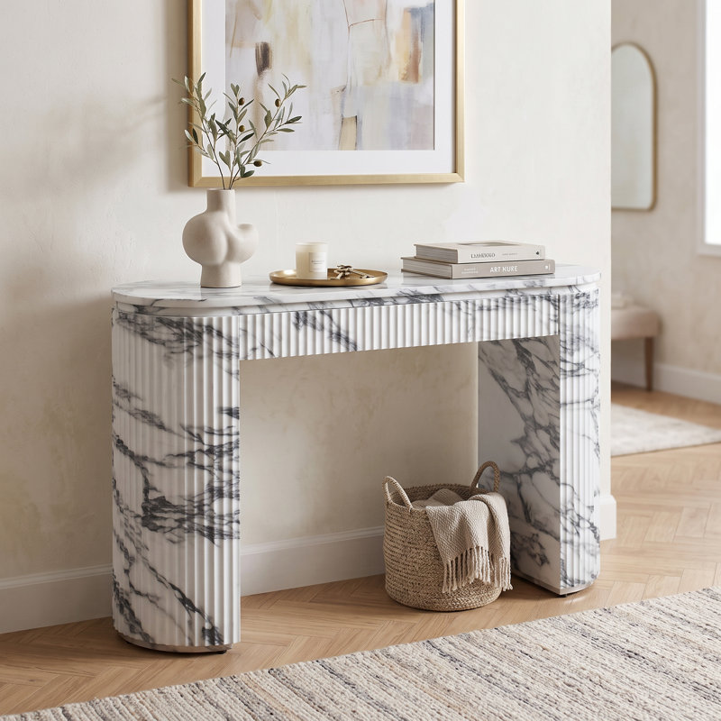 Mackenzie Modern Fluted Console Table, Oval Travertine Look Entryway Sofa Table With Ribbed Textured Sides, Faux Marble Veneer Top, Mdf Entry Hallway Accent Furniture