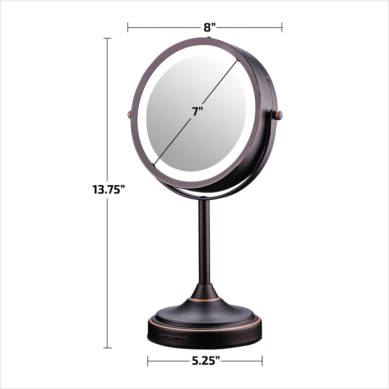 OVENTE 7'' Lighted Makeup Mirror with 1X/7X Magnification, Cordless Tabletop Mount Vanity Mirror with 360° Swivel Design & Double Sided Glow Cosmetic White LED Ring Light, Antique Bronze MCT70ABZ1X7X