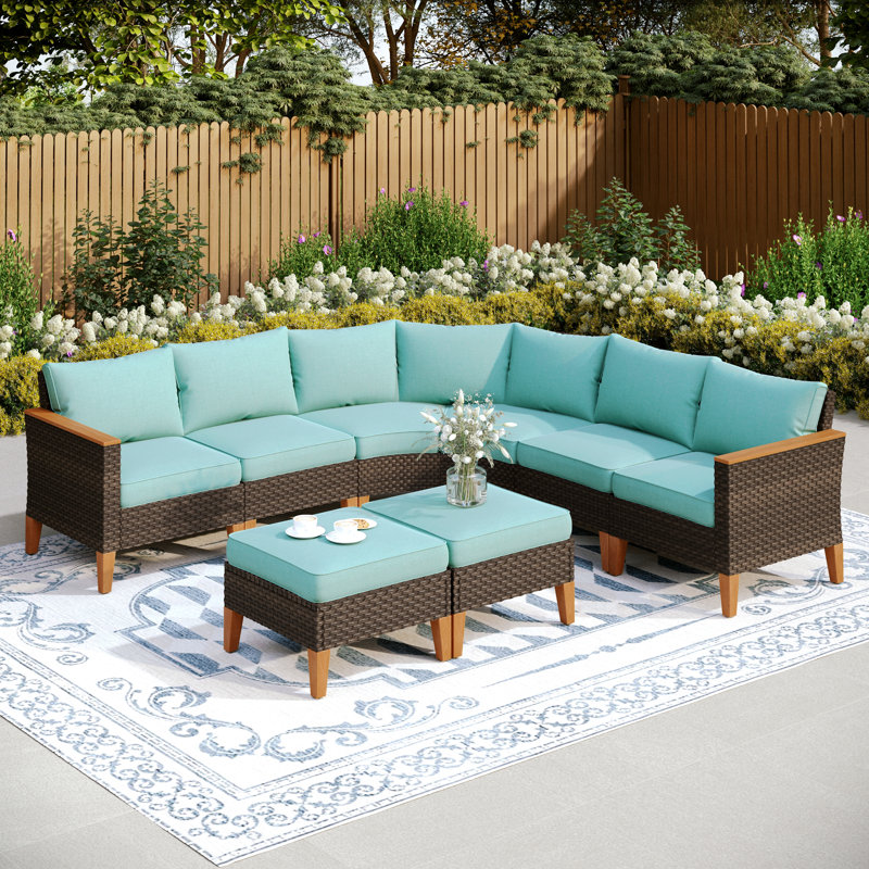 Argyri Wicker Outdoor Patio Conversation Furniture Sectional Set with Fire Pit Table, Blue, No