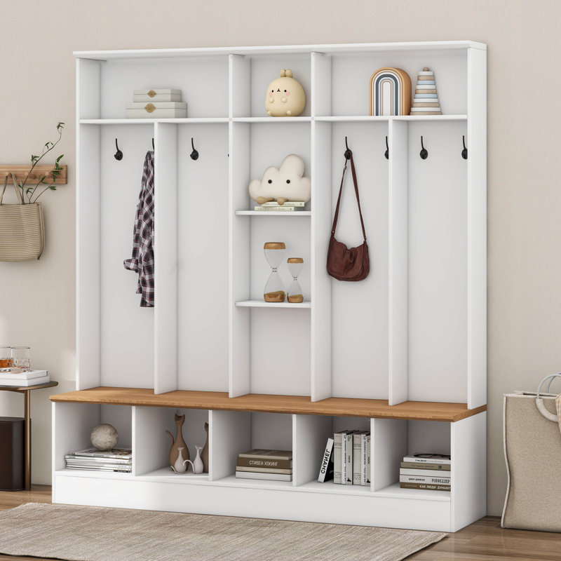 Arbre d'entrée avec banc et rangement pour chaussures, armoire d'entrée moderne avec portes cannelées ultrabrillantes et tablettes ouvertes
