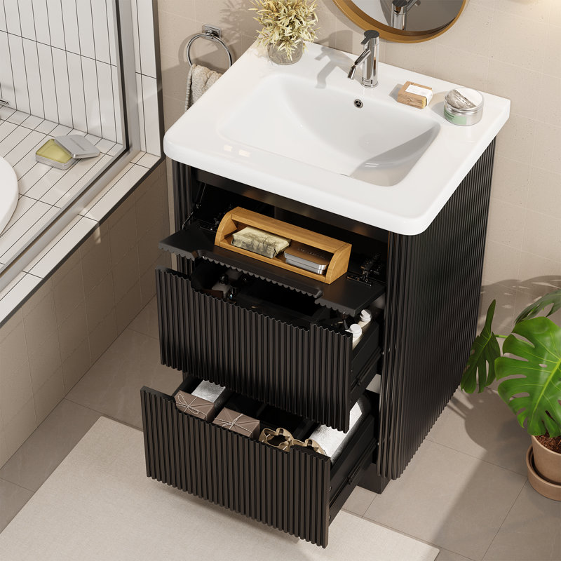 Meuble-lavabo simple 24 po avec panneau à cannelures et lavabo en céramique, Noir