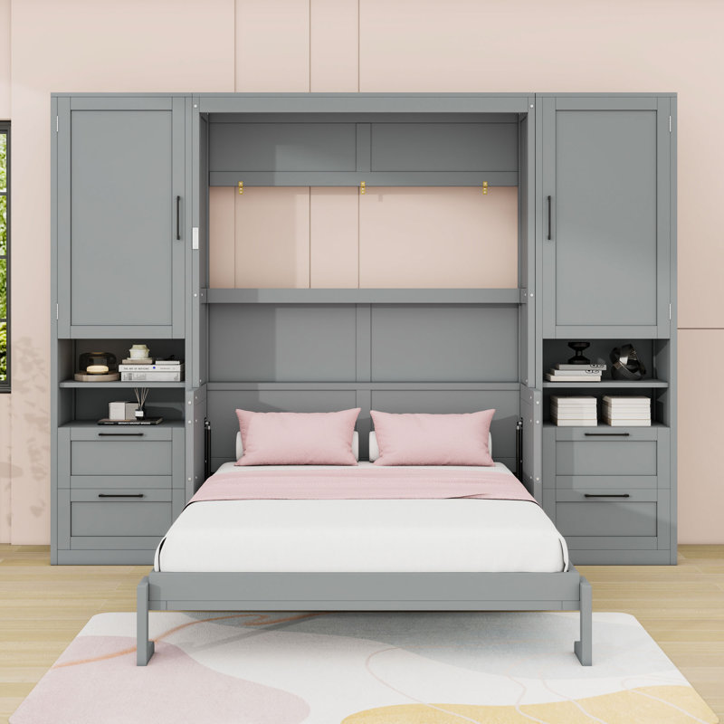 Lit escamotable avec tiroirs de rangement intégrés et bureau, Gris, Double