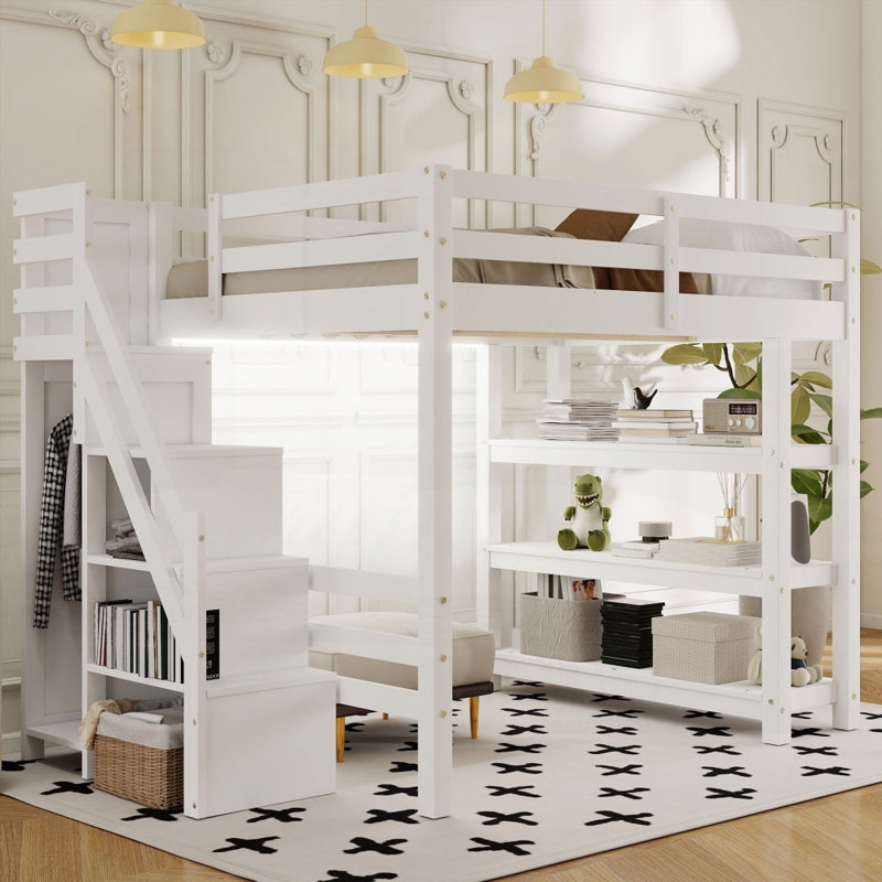 Lit mezzanine double avec tablettes et amp; Rangement - Aucun sommier requis, robuste et robuste Durable!, Lit double