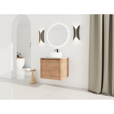 Meuble-lavabo mural de 24 po avec lavabo d'art en céramique, dalle de pierre plate blanche, 45 poignées à bords inclinés de 24 po avec 1 porte, conception contemporaine en contreplaqué, vasque durable facile à nettoyer