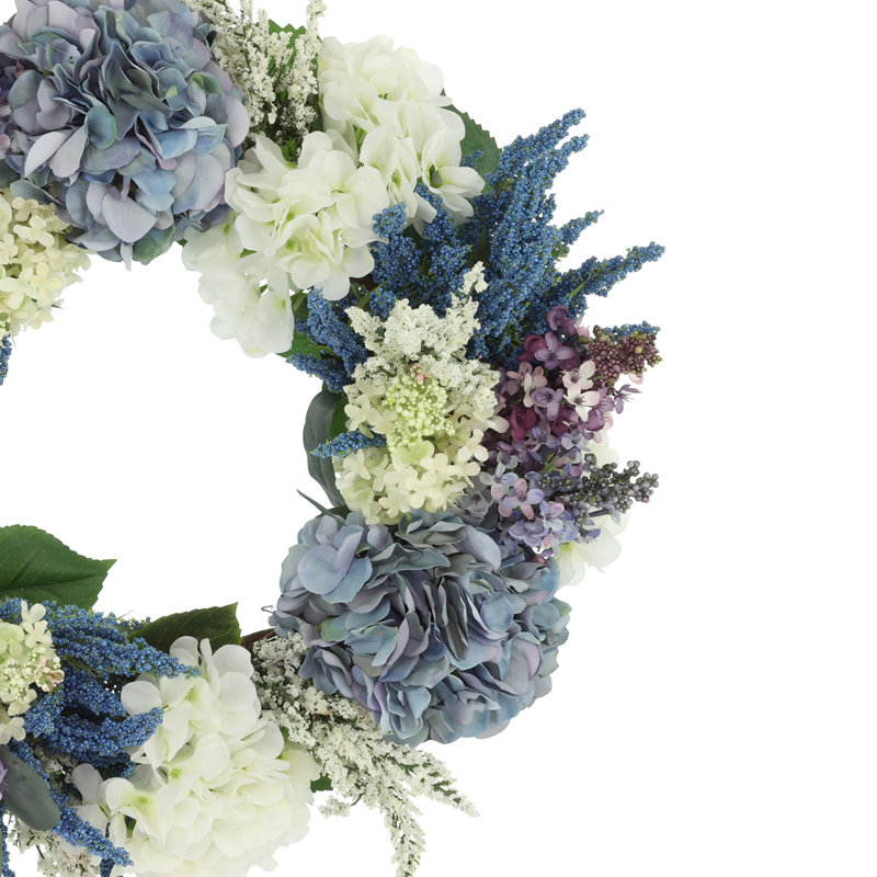 Couronne de printemps 23 po avec hortensias, lilas et bruyère