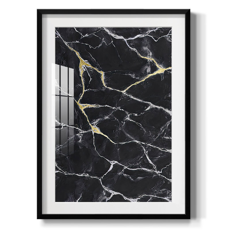 Marbre noir I, reproduction encadrée, Blanc, Papier avec cadre noir
