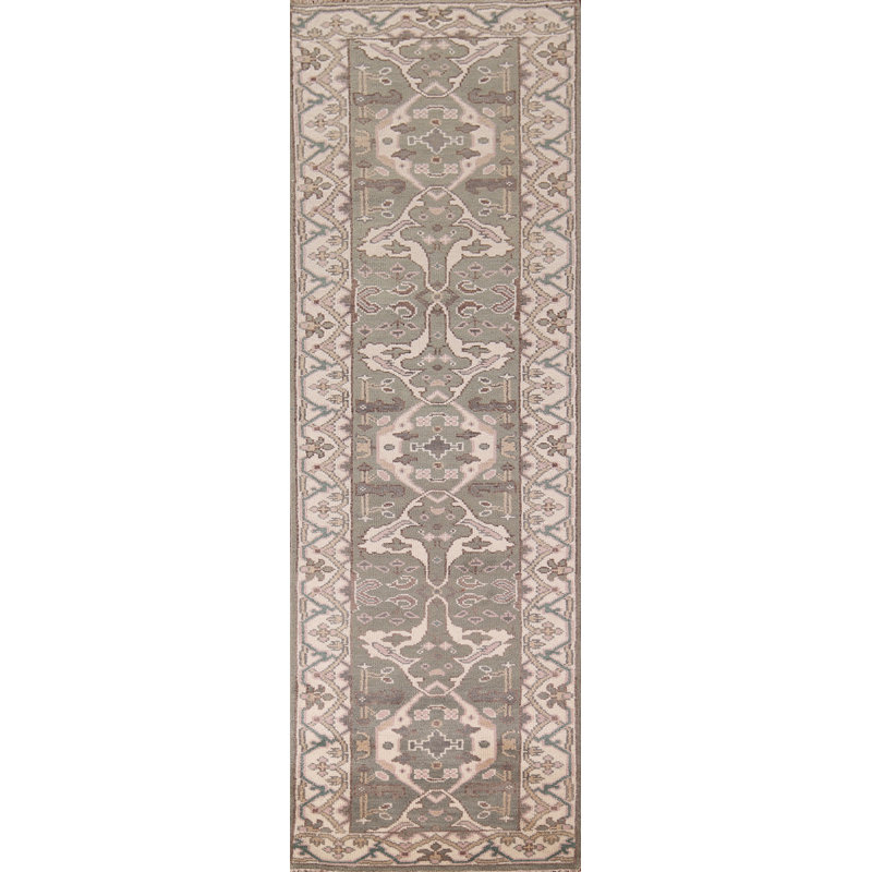 Tapis de couloir oriental vert et ivoire All-Over Oushak 3 x 10