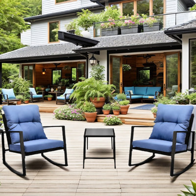 Patio Bistro With Blue Cushions - 3 Pieces Outdoor Furniture For Garden, Lawn, Terrace Chair Sponge All-Weather Materials For Pool