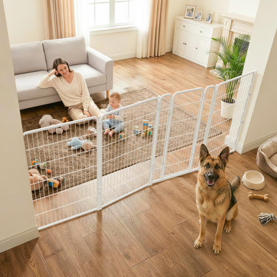 FXW Dog Gate Extra Wide Designed for Indoor Use, Adjustable Width Up to 111-inch Wide (45" H 4 Wire Panels for Large Dogs), White