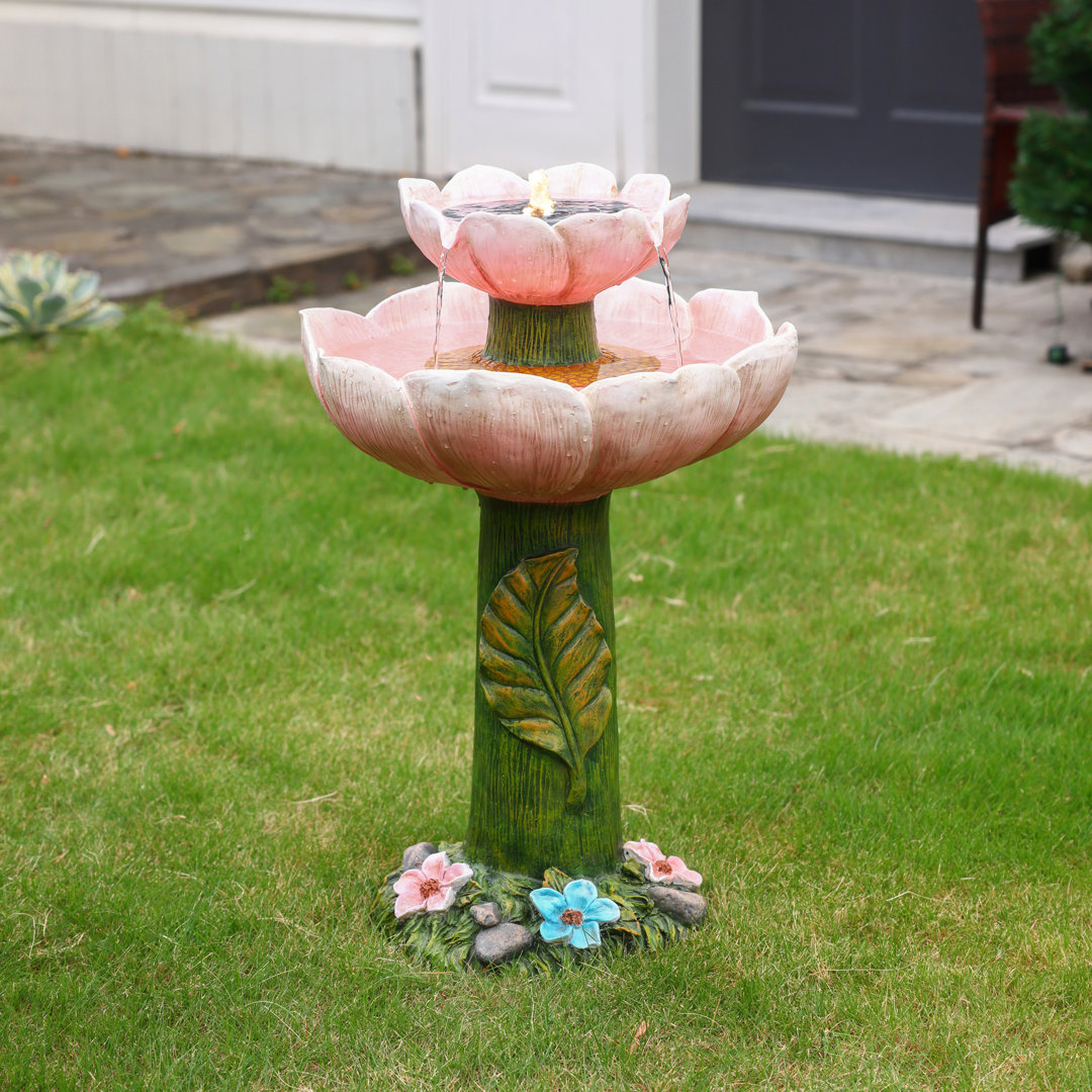 Astros Solar Powered 28.7'' 2-Tier Flower Resin Birdbath Outdoor Fountain with Lights Red Barrel Studio®