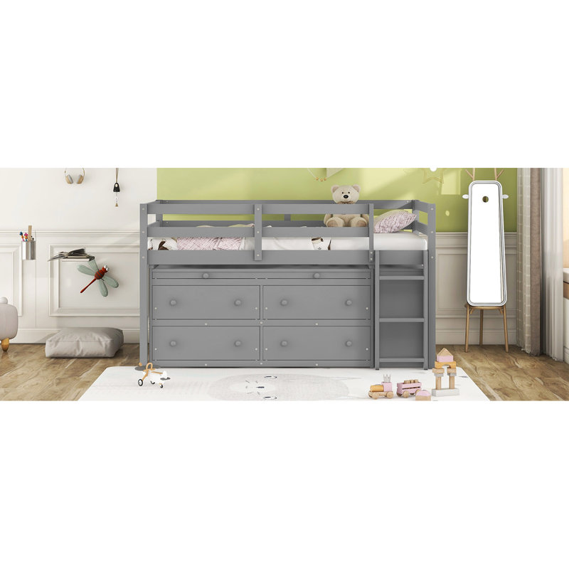 Lit mezzanine avec bureau et tiroir pour une utilisation pratique dans la chambre à coucher - Tablettes latérales grises simples, gris, fabriquées en bois de pin massif