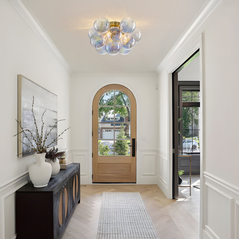 3-Light Dimmable Semi Flush Mount Ceiling Light With Smoky Gray & Colorful Swirled Glass Globe Bubbles, Colored