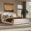 Structure de lit tapissier de très grand lit, tête de lit courbée épaisse de luxe, pieds en bois massif en tissu blanc doux