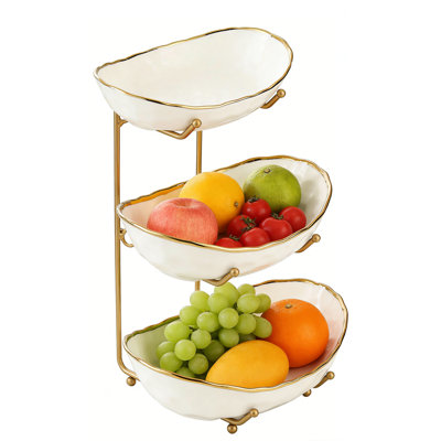 3 Tier Ceramic Maria With Gold Metal Stand, No Assembly Modern Fruit Basket For Kitchen Living Room