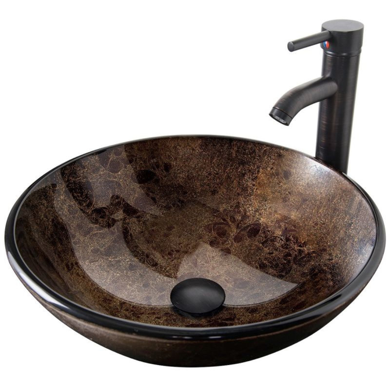 Évier vasque en verre trempé Chieti Bracilia avec robinet bronze huilé et bonde escamotable, Laiton / Noir