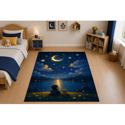 Tapis « Ultra Fin » 152 x 213 cm Teddy Moon Friends pour salon, chambre et bureau, doux et à poils courts avec envers antidérapant en silicone, bleu et jaune