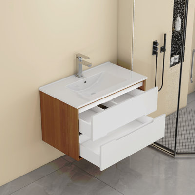 Meuble-lavabo mural 32 po avec lavabo, armoire avec tiroirs doubles, système de fermeture en douceur, lavabo en céramique, bois massif, facile à installer, conception unique sans poignée