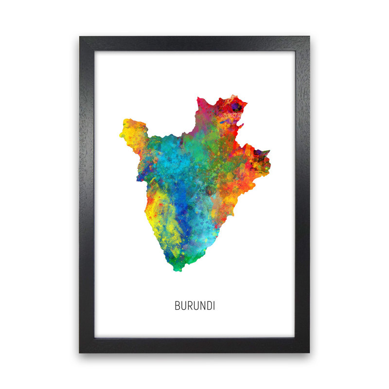 Burundi Watercolour Map by Michael Tompsett - Print, 46cm H x 34cm W x 3cm D, Black Framed