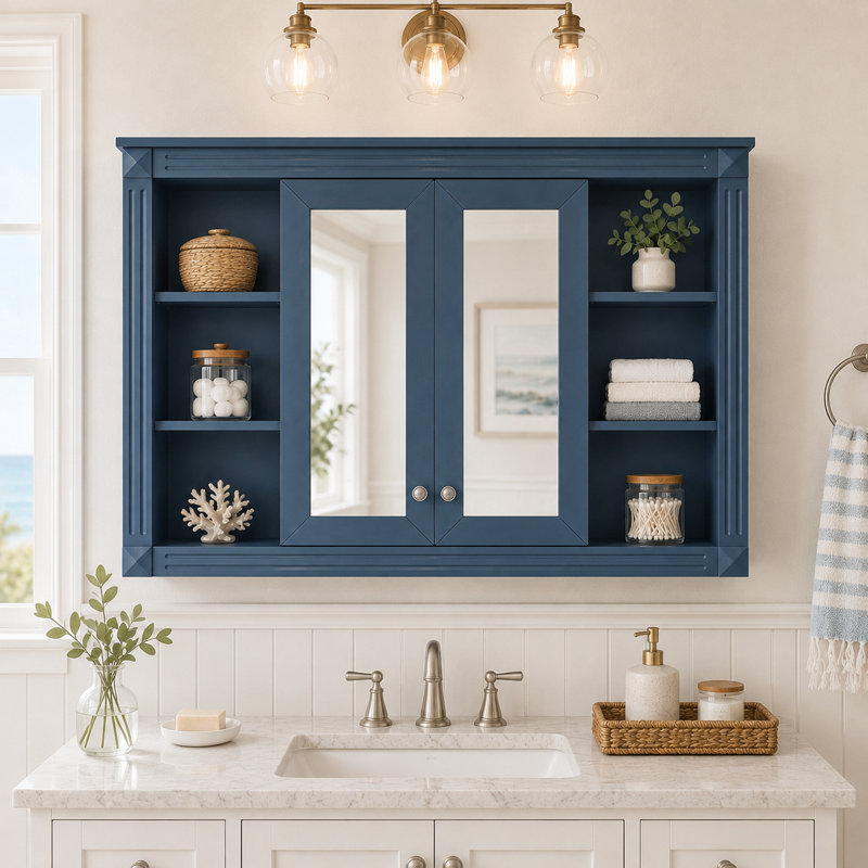 Armoire à pharmacie rectangulaire avec miroir ouvert et rangement ouvert de 47 po x H 28 po Haven, Bleu