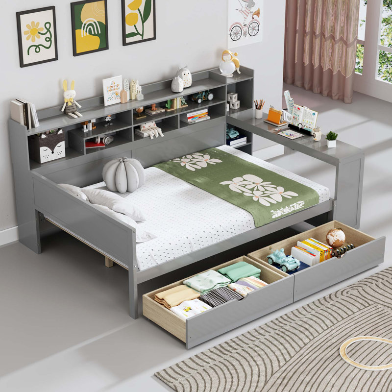Lit de jour en bois multifonctionnel avec tablettes de rangement et bureau d'étude, Gris