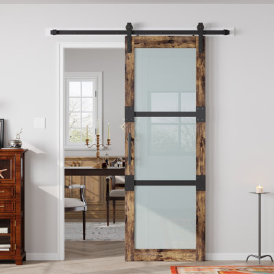 Porte de grange coulissante à panneaux en bois manufacturé et en verre 3 Lite avec quincaillerie d'installation