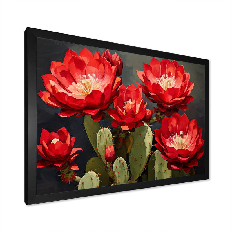 " Cactus Burgundy Bloom ", 12" H x 20" W x 1" D, Black Single Picture Framed