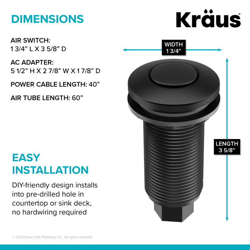 KRAUS Garbage Disposal Air Switch Kit with Push Button, AC Adapter, Power Cord, and Air Tube Included, Matte Black