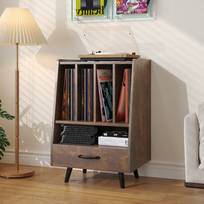 Midcentury Record Player Stand With Vinyl Storage For 200+ Albums Large Turntable Table With Drawer Dvd Shelf For Living Room Music Room In Walnut