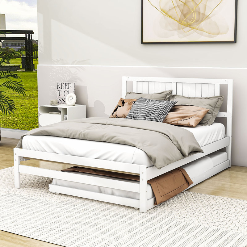 Full Wood Platform Bed with Twin Adjustable Trundle and Headboard, White