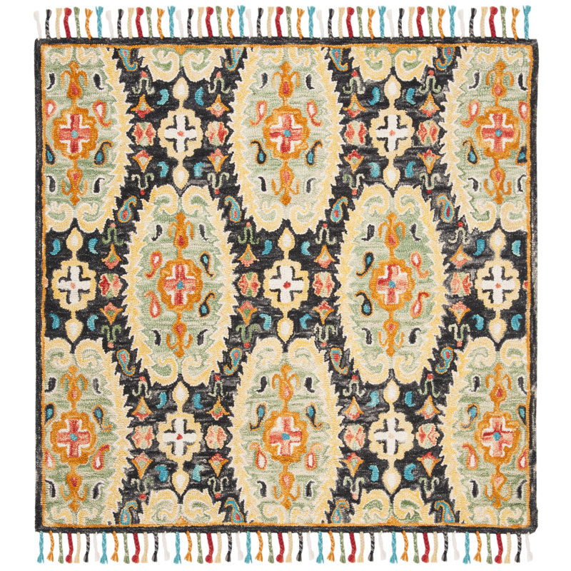 Ferrera Jahiem Hand-Knotted Wool Charcoal Area Rug, Square 6'