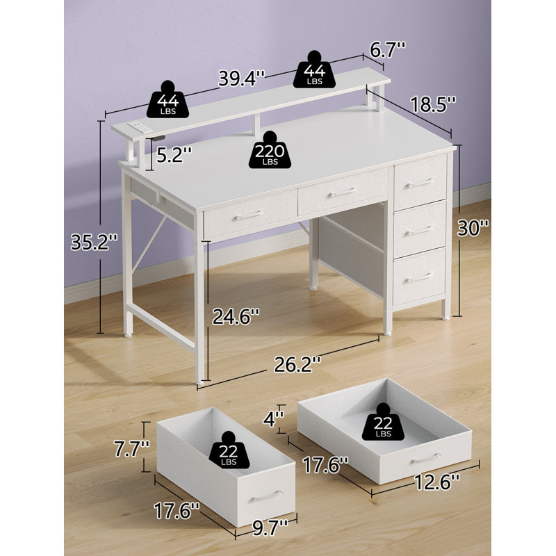 Linze Computer Desk w/ Monitor Shelf, RGB LED Lights, USB Ports & Drawers, White, 35.20"H x 39.40"W x 18.50"D