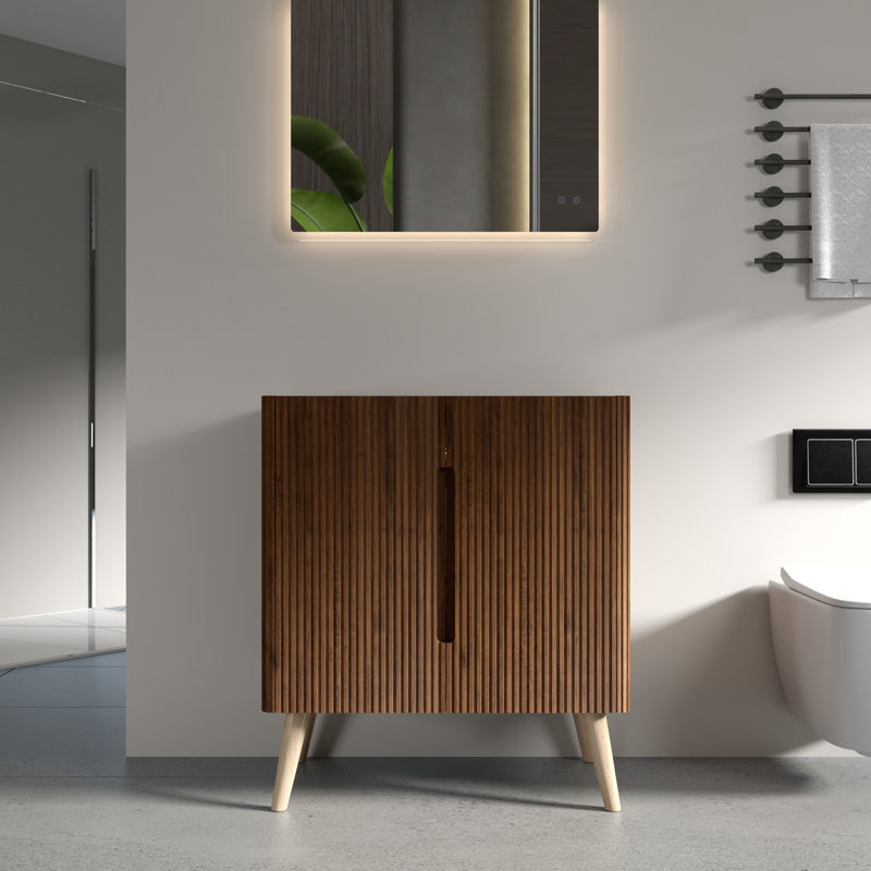 Meuble-lavabo moderne de 30 pouces, finition noyer rayée, conception autoportante, bords arrondis