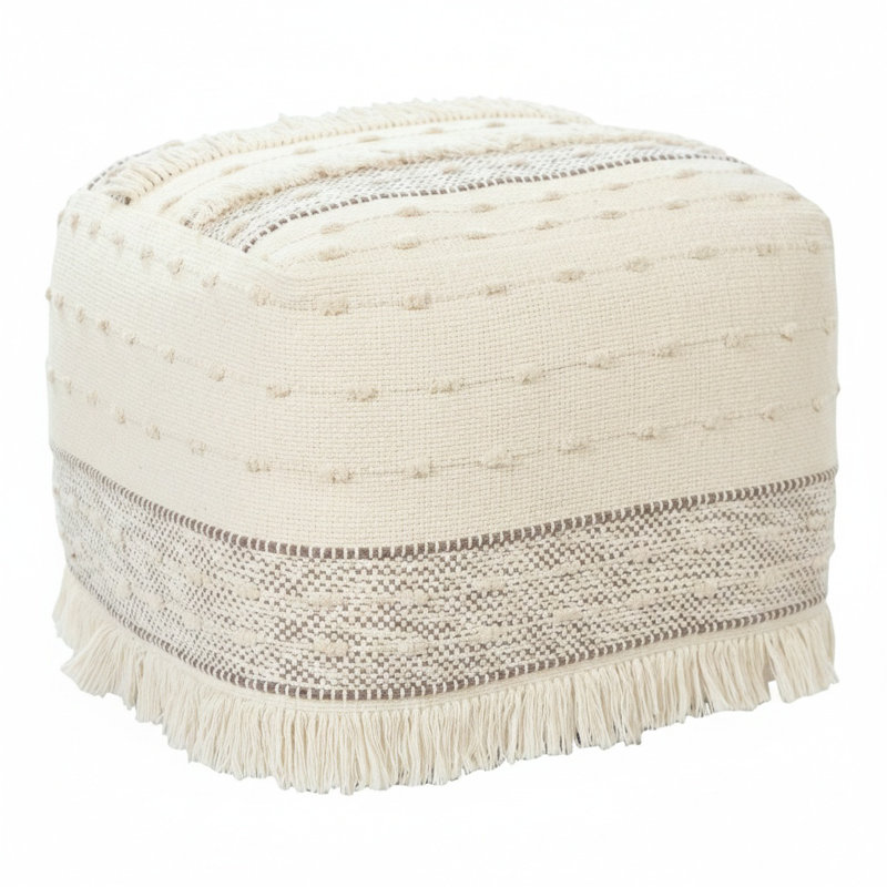 Mcginty Square Petite Upholstered Cotton Pouf, Beige, Cream